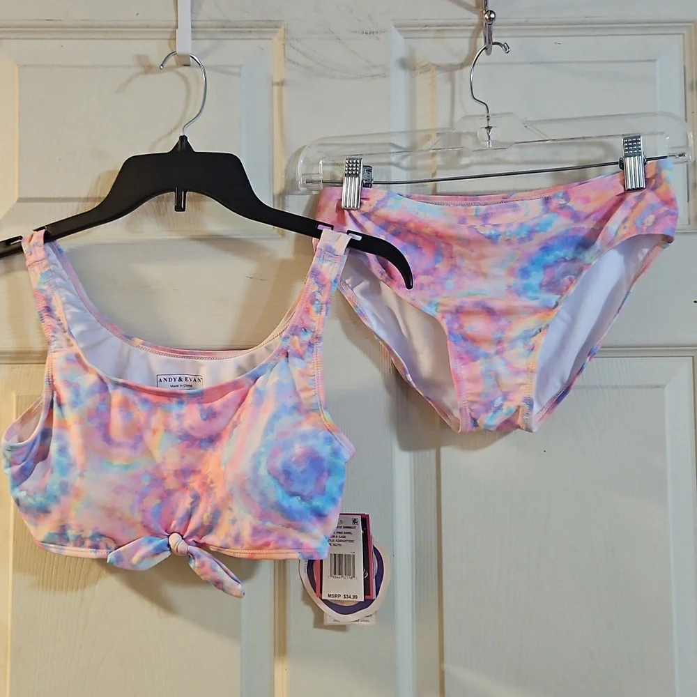 Andy & Evan Girls' Two-Piece Swimsuit: PINK SWIRL: NEW WITH TAGS: SIZE XL (16)